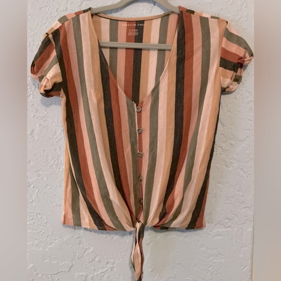 American Eagle Outfitters Tops - American Eagle Outfitters Orange and Cream Cap Sleeve Tie Front Blouse